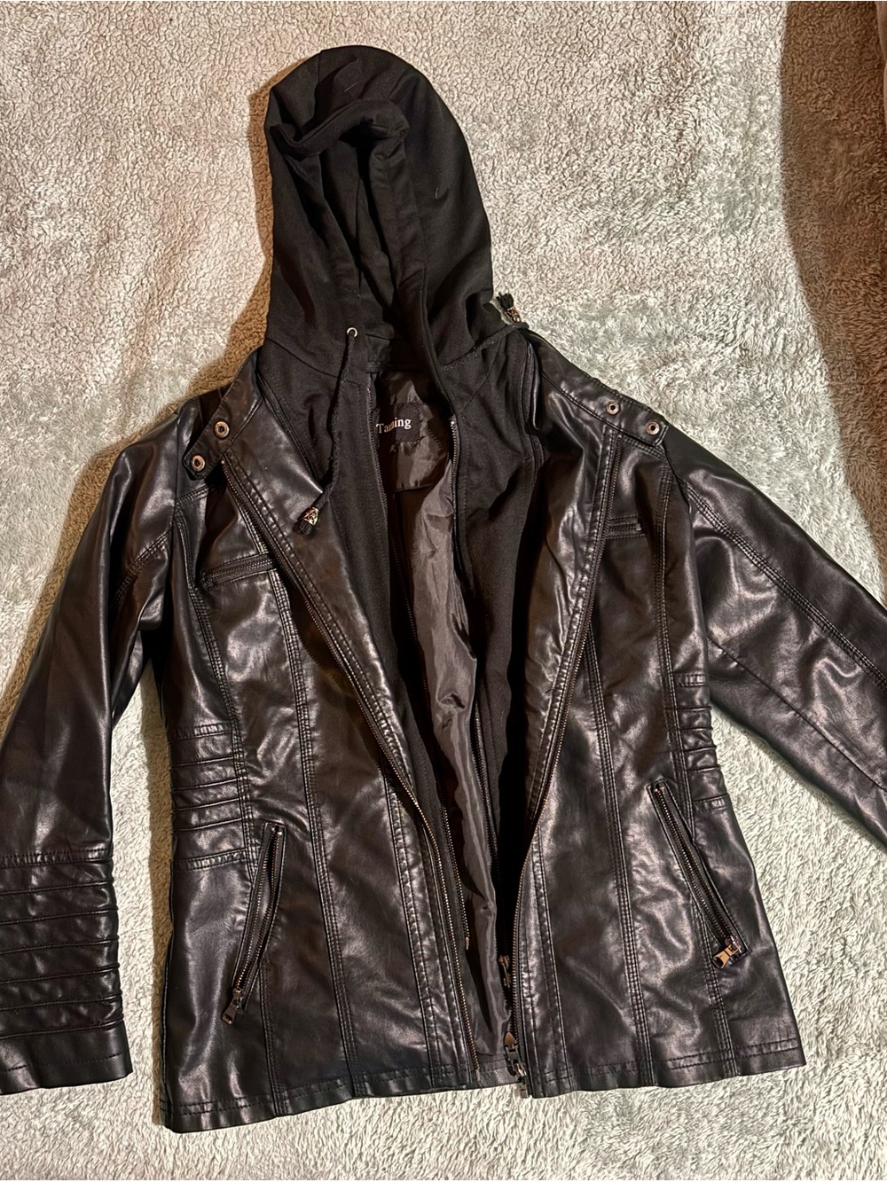 Women's Black Faux Leather Hooded Jacket with Zip Pockets